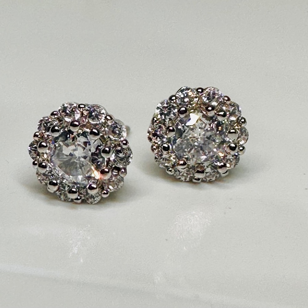 Silver CZ Halo Stud Earrings 8mm Round Crystal Sparkle